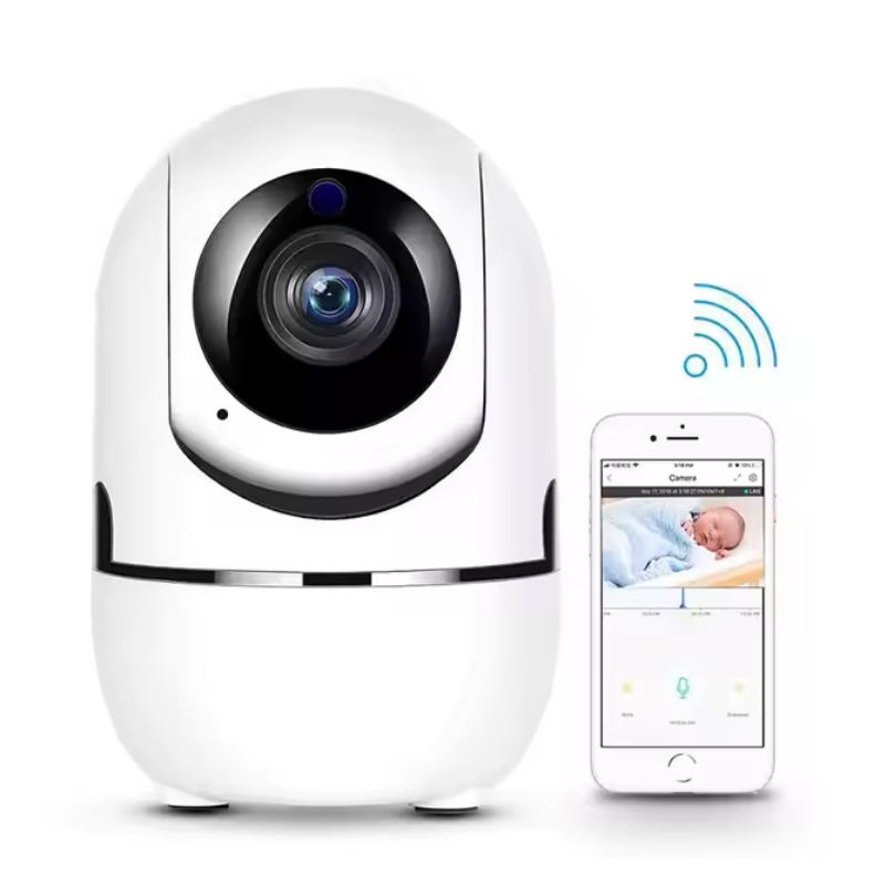 Câmera WiFi 1080P branca com smartphone - vista frontal