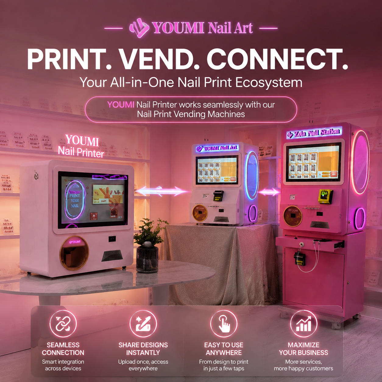 YOUMI Nail Art Print.Vend.Connect - ecossistema com Nail Printer + Vending Machine + Zela Nail Station