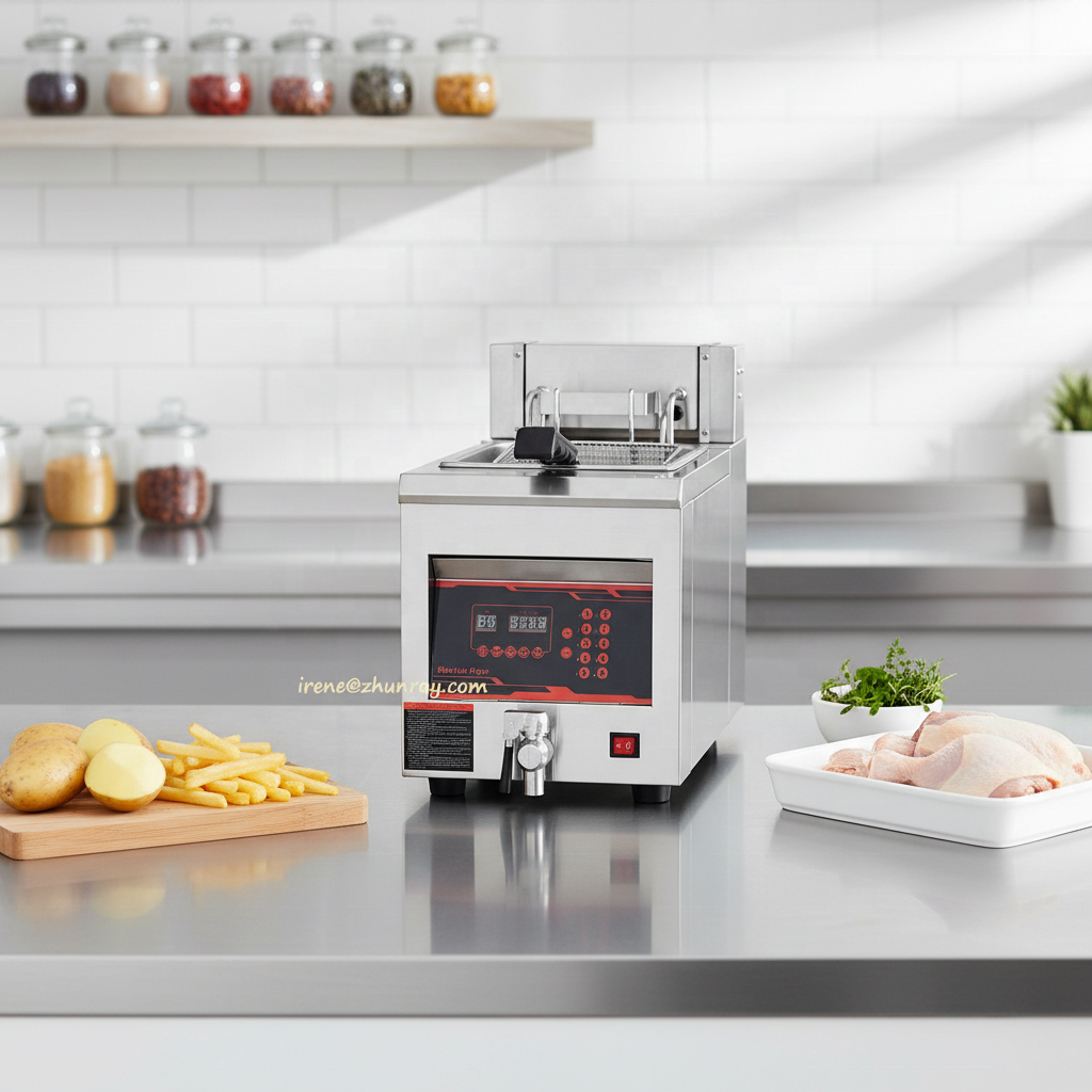 Fritadeira Zhunray - Em bancada de inox com batata e frango