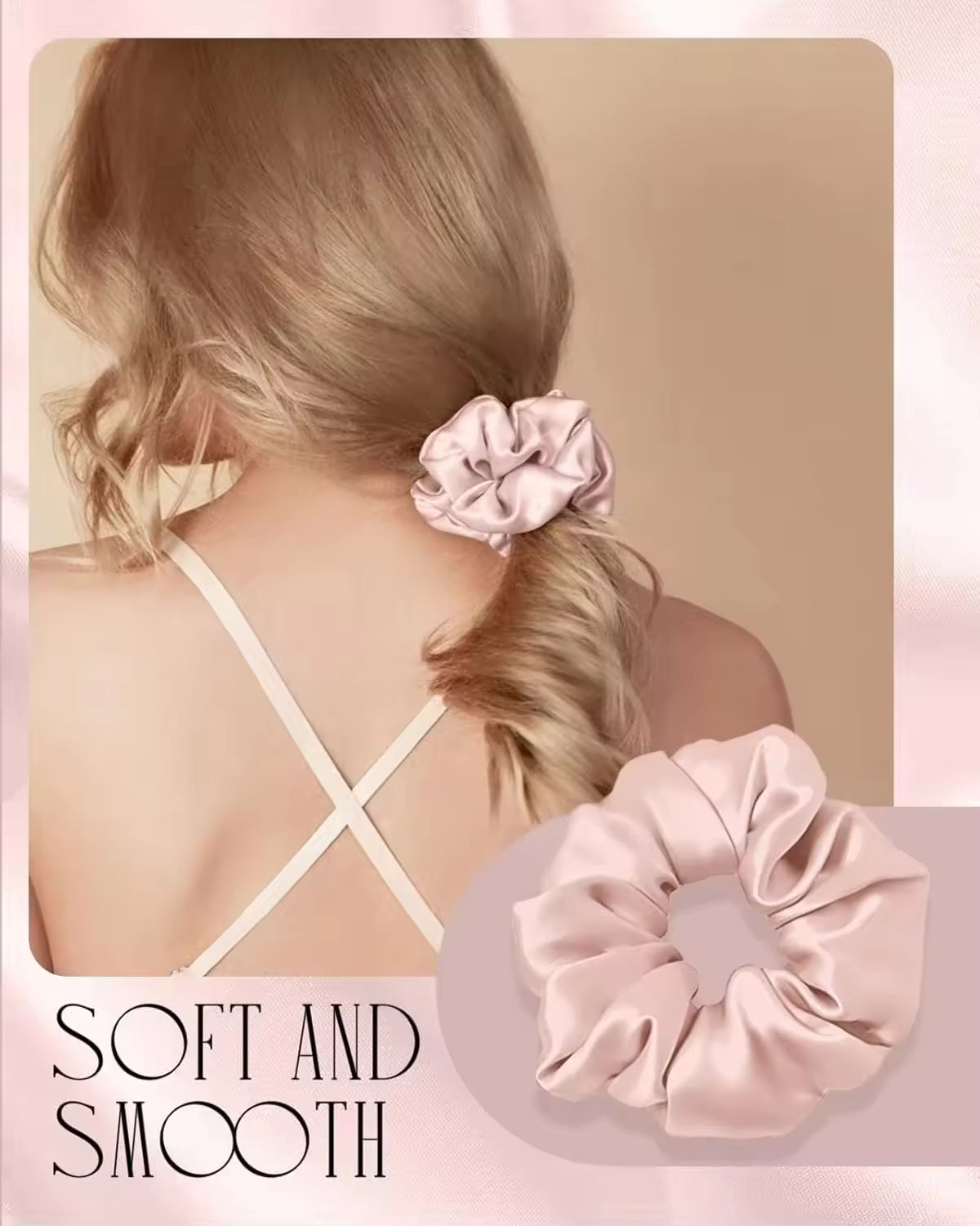 Soft and Smooth - scrunchie cetim rosa em cabelo loiro