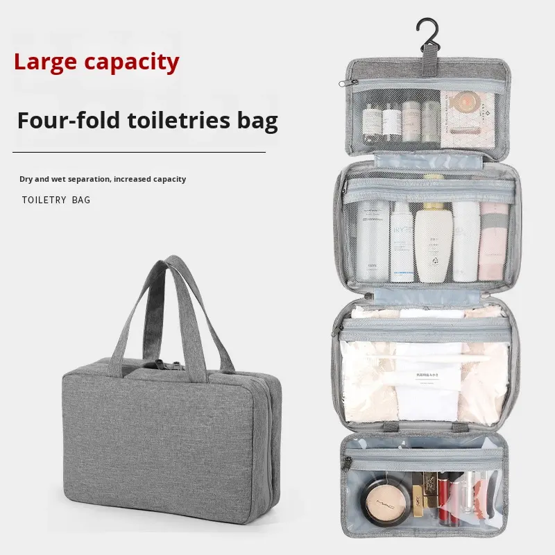 Necessaire 4 dobras cinza - large capacity, dry and wet separation