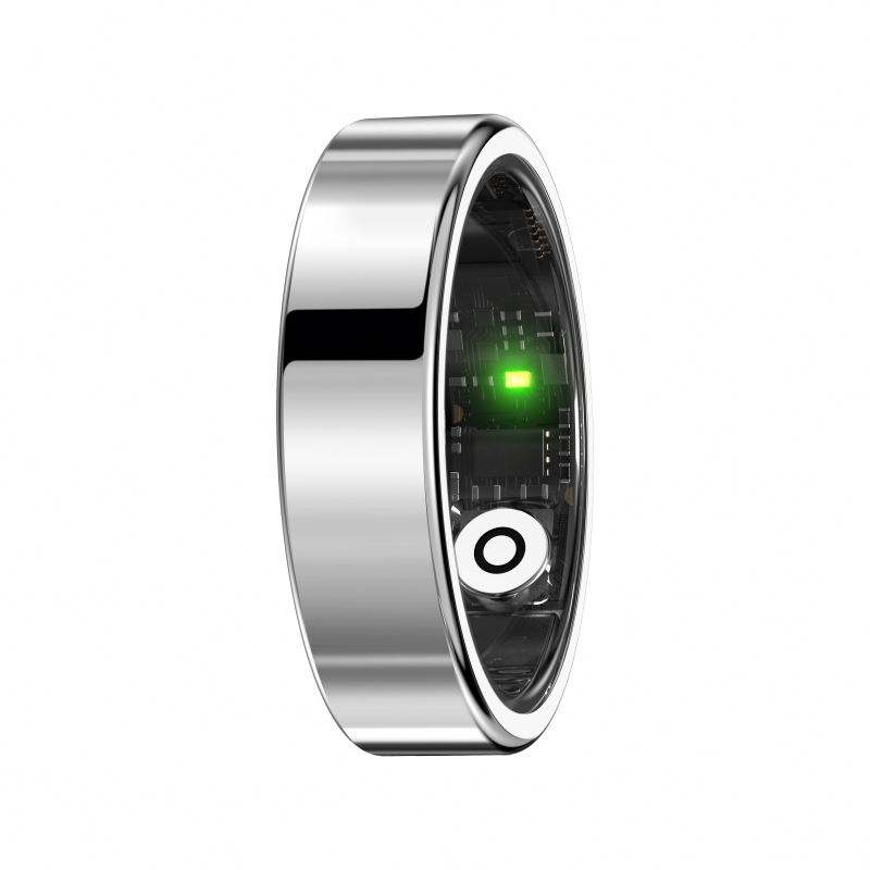 Smart ring prata - vista lateral externa com sensor LED verde
