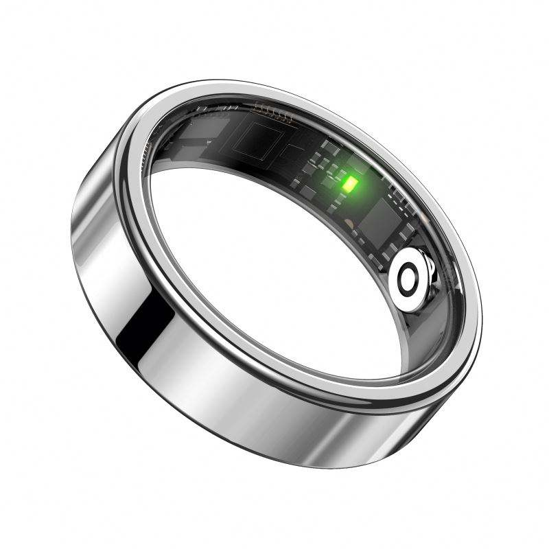 Smart ring prata - vista interna com sensores PPG e chip verde