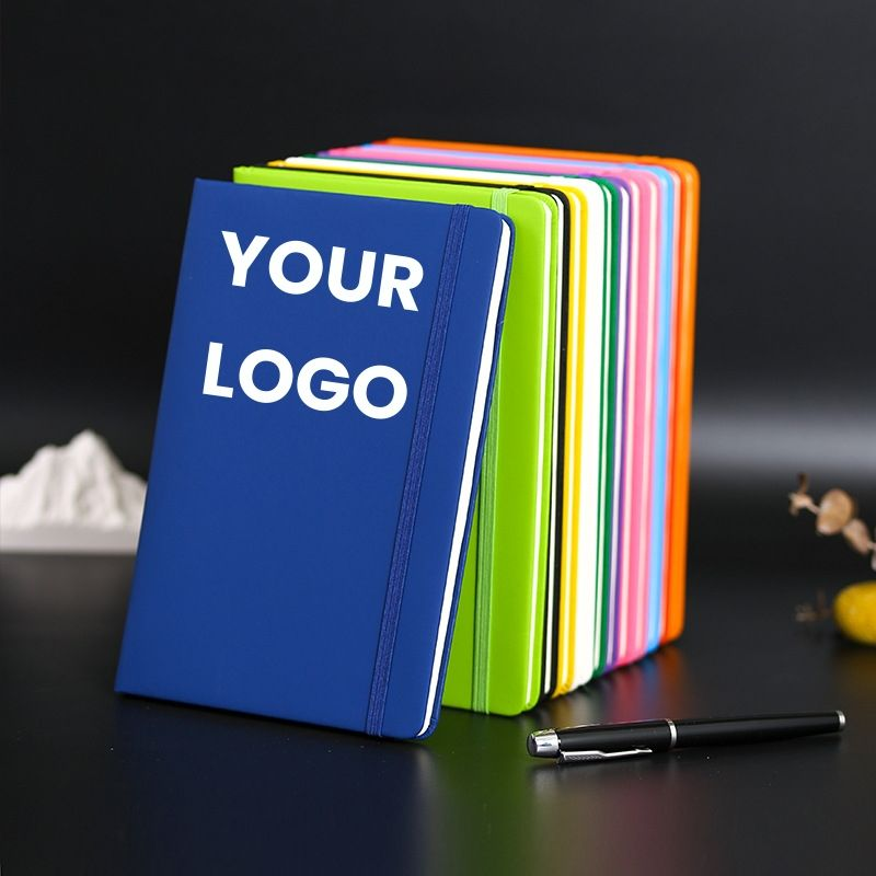 Caderno A5 - Cores vibrantes com logo personalizado fundo escuro