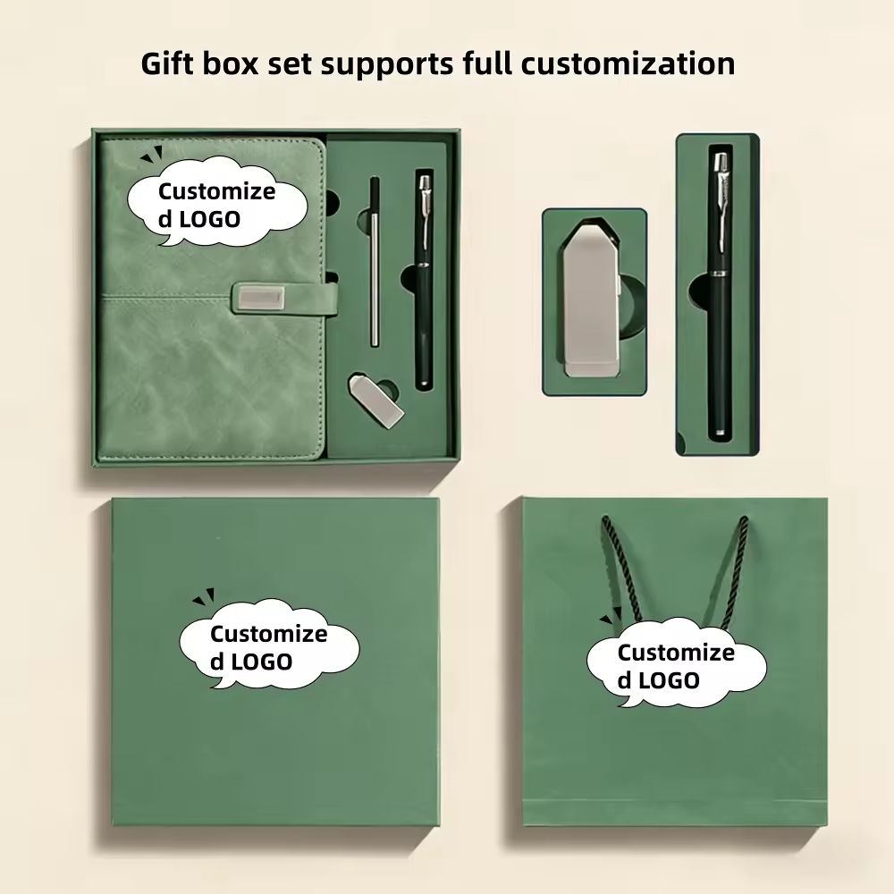 Kit Executivo - Caixa verde completa com caderno caneta pen drive e sacola