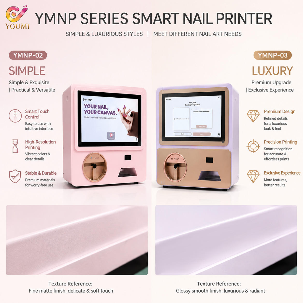 YMNP Series: YMNP-02 Simple (pink matte) vs YMNP-03 Luxury (gold glossy) - comparação de modelos