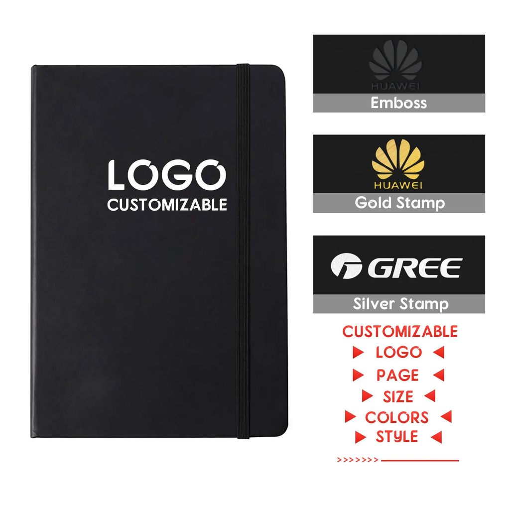 Caderno A5 - Opções de personalização: relevo, gold stamp e silver stamp