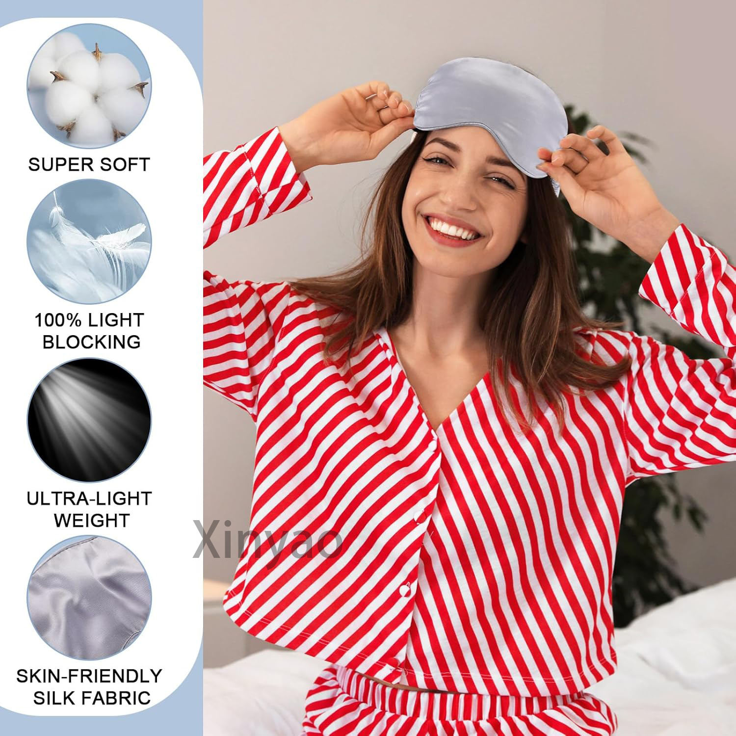 Super Soft, 100% Light Blocking, Ultra-light, Skin-friendly - mulher sorrindo com máscara cinza