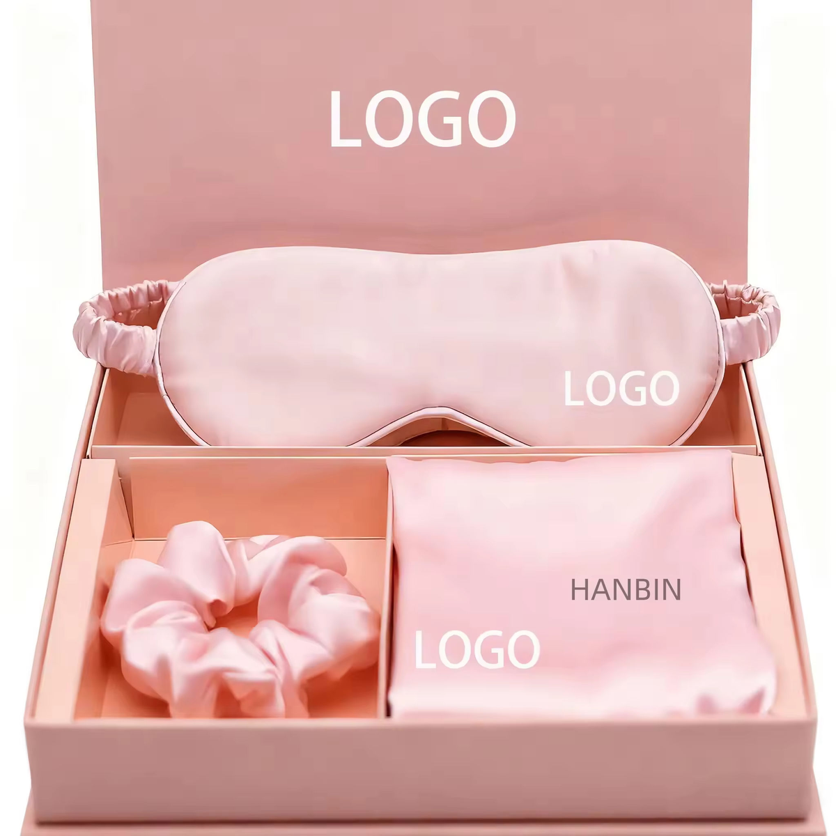 Kit sleep cetim rosa em caixa-presente premium aberta - máscara, scrunchie e fronha