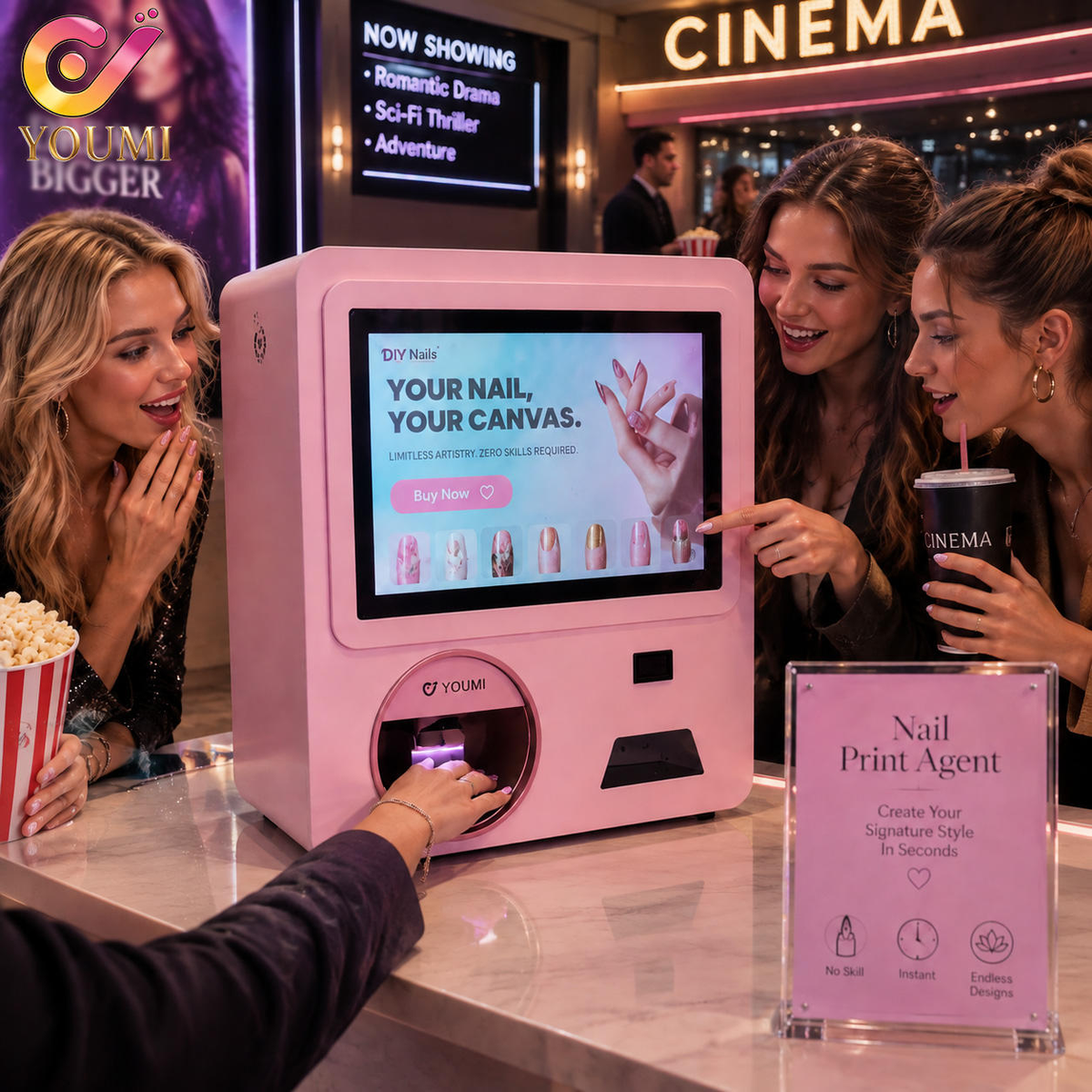 YOUMI Nail Printer rosa em cinema - 3 mulheres admirando a máquina com tela DIY Nails