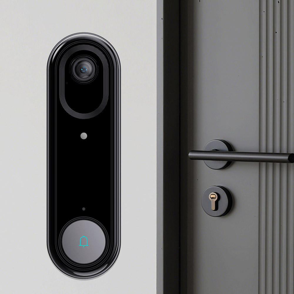 Videoporteiro instalado em porta preta - vista frontal