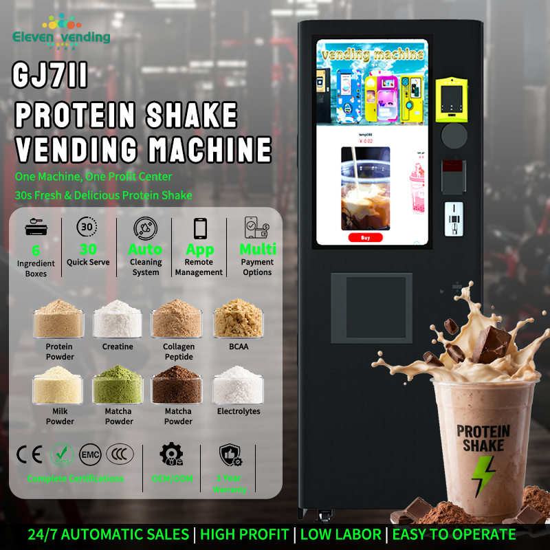 Máquina Vending GJ711 Protein Shake - Vista geral e ingredientes