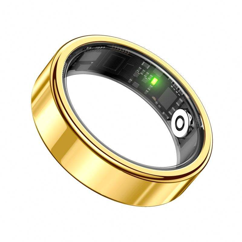 Smart ring dourado - vista interna mostrando sensores PPG e chip verde