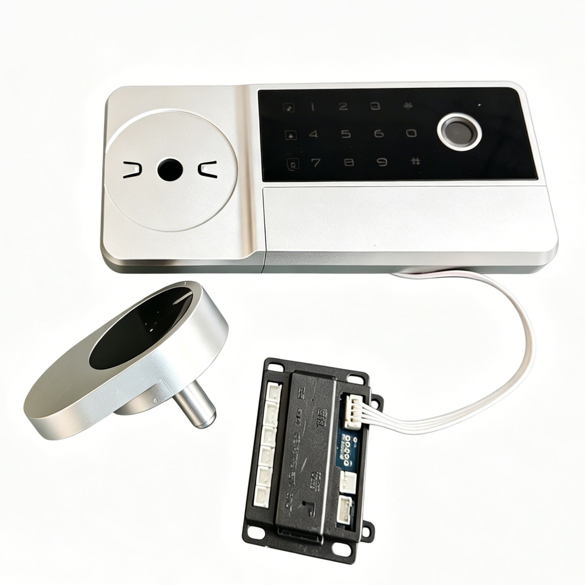 Fechadura smart desmontada com painel e módulo de controle