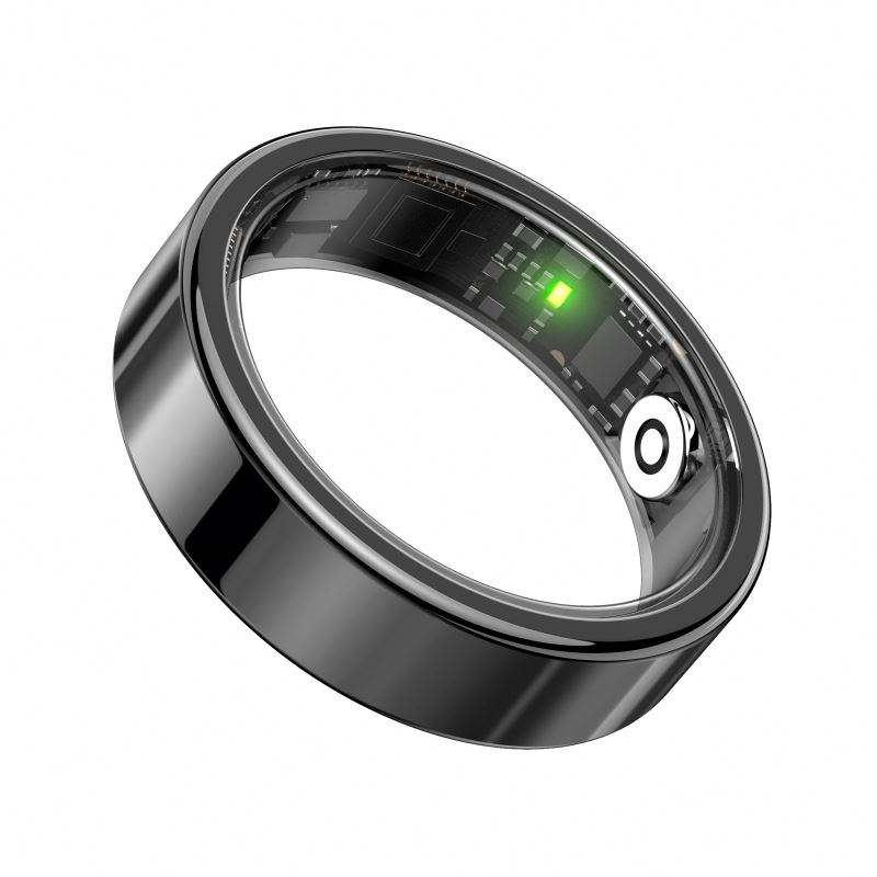 Smart ring preto - vista interna com sensores PPG e chip verde