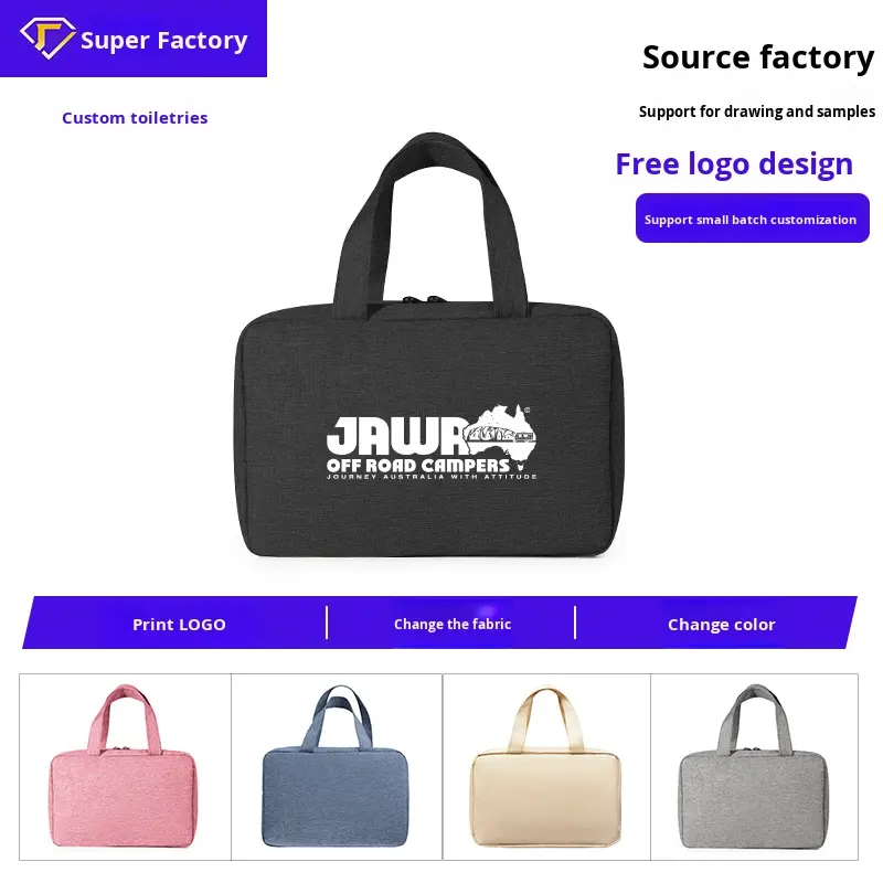 Necessaire preta personalizada com logo - cores rosa, azul, bege e cinza