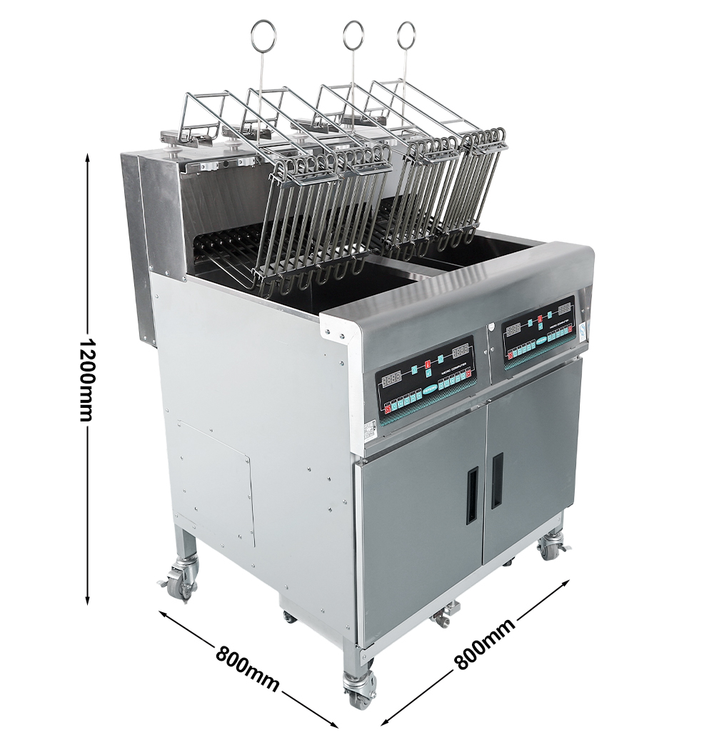 Fritadeira Industrial 28L+28L - Vista geral com dimensões 800x800x1200mm