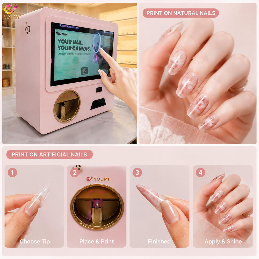 Impressão em unhas naturais e artificiais - touch screen + 4 passos: Choose Tip, Place & Print, Finished, Apply & Shine